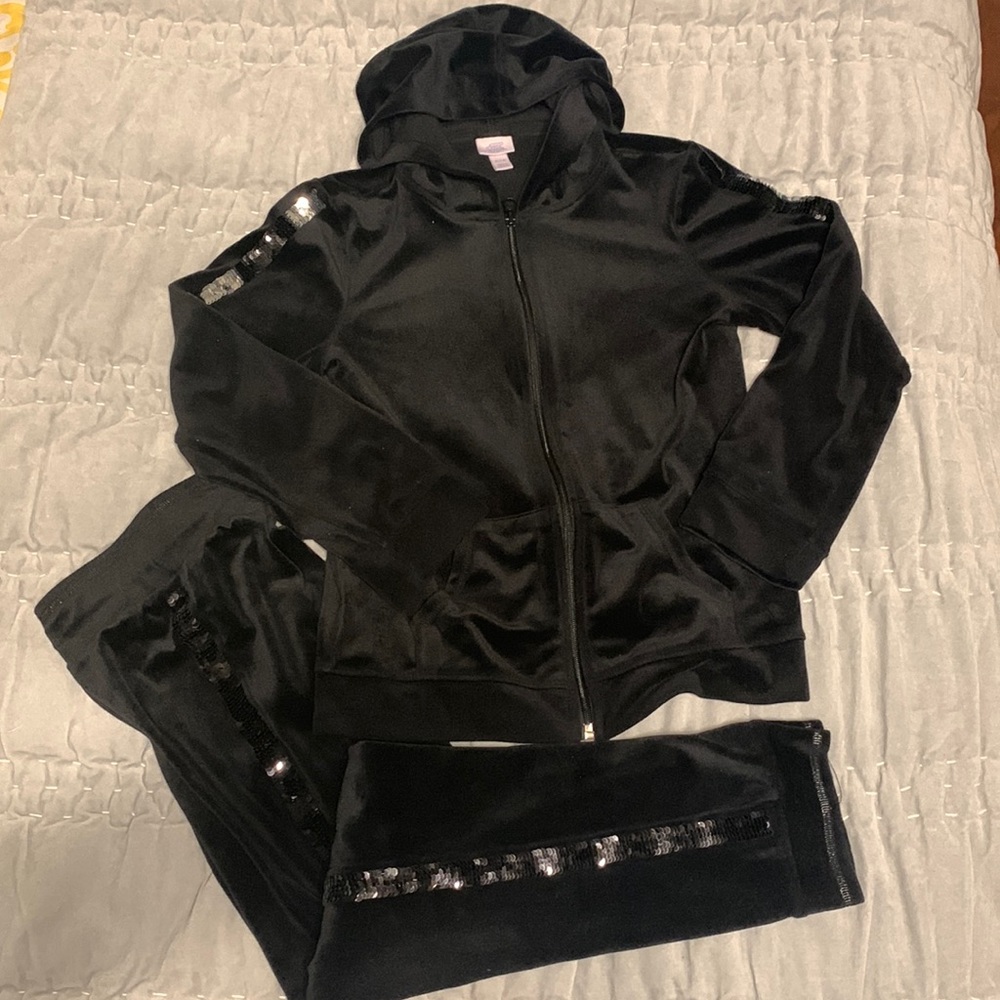 Velour Soft 2pc Track Set Pants Hoodie Zip Jacket Black Flip Sequins Girls M 7/8